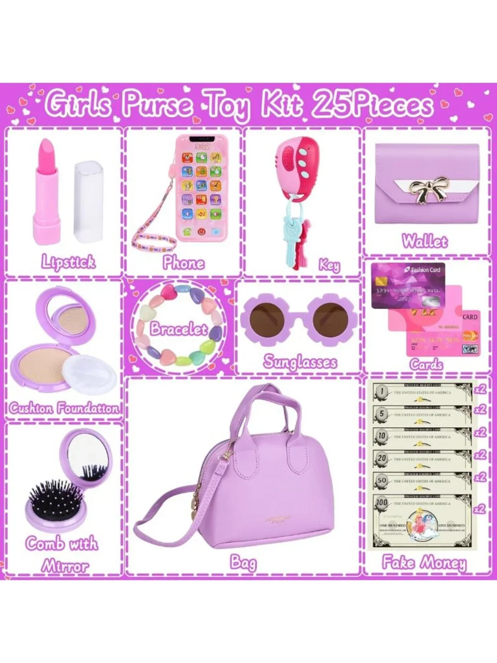Adorable Purple Play Purse Set for Girls 3-5 | Pretend Handbag with Accessories